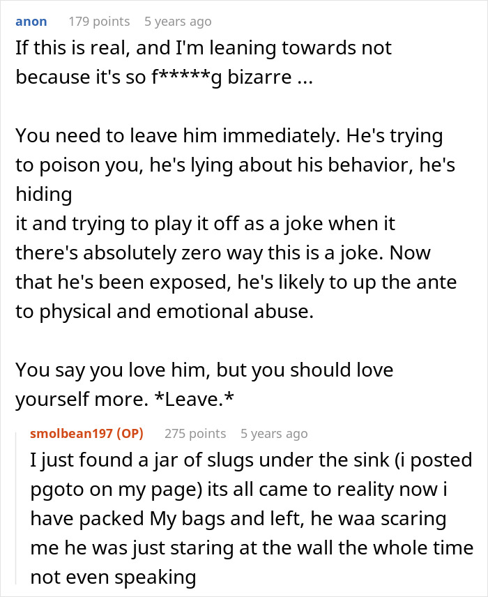 Reddit comments discussing a disturbing relationship where a guy feeds his girlfriend slugs and her pet snail over months.