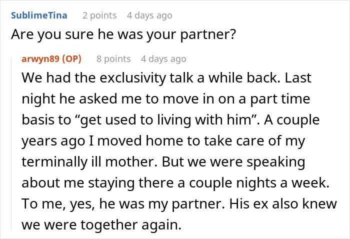 Screenshot of a Reddit conversation about a worried girlfriend, mentally unstable boyfriend, and his ex found by police after a call.