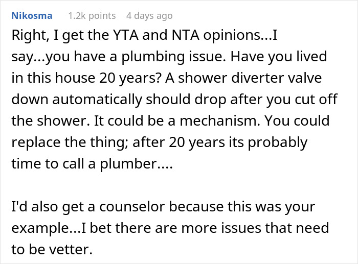 Text comment discussing plumbing issue with shower diverter valve and suggesting calling a plumber and getting a counselor.