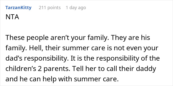 Comment discussing a teen refusing blended family duties, with stepmom expecting babysitting despite his resistance.