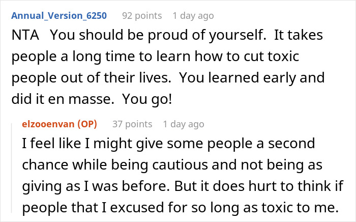 Screenshot of an online discussion about cutting toxic longtime friends and dealing with ghost friend birthday feelings.