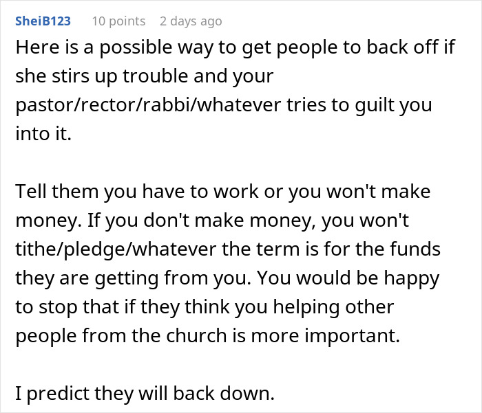 Alt text: Comment advising how a freelancer can handle entitled church members demanding free work while working from home.