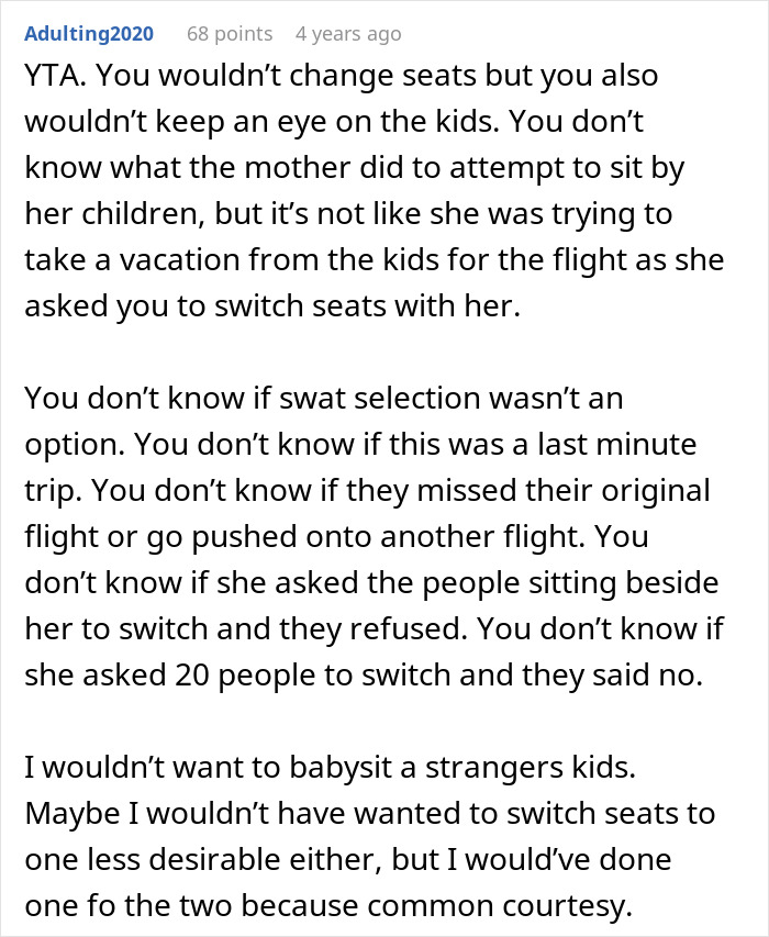 Discussion about not switching seats with a mother on an airplane and ignoring her children in a flight scenario.