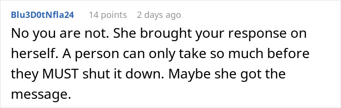 Screenshot of an online comment discussing a woman clapping back at her cousin insulting her wedding with a strong response.