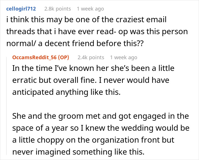 Screenshot of a Reddit thread discussing date changed last minute wedding shaming and unpredictable wedding behavior.