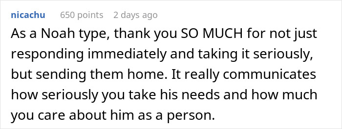 Comment expressing gratitude for enforcing basic boundaries during daughter's sleepover, highlighting care and seriousness. Comment expressing gratitude for enforcing basic boundaries during daughter's sleepover, highlighting care and seriousness.