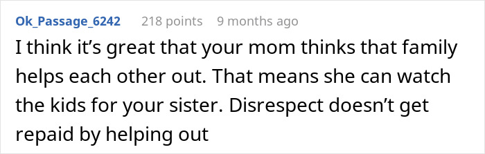 Screenshot of an online comment discussing a brother quitting babysitting after sister says his job isn&rsquo;t real work.