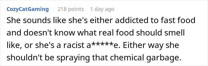 Screenshot of an online comment discussing a coworker saying a woman&rsquo;s lunch smells too real and suggesting protein bars instead.