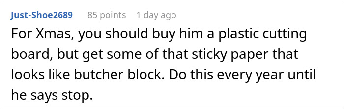 Comment suggesting buying a plastic cutting board with sticky paper as a revenge idea for kitchen renovation issues.