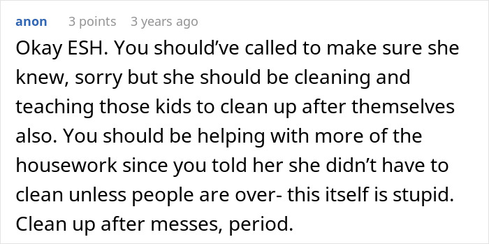 Comment discussing a husband blaming his ill wife for a messy home after guests visit, highlighting household cleaning issues.