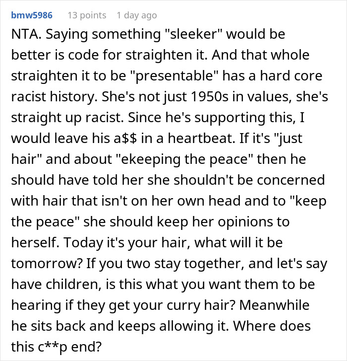 Comment discussing a woman refusing to cut her hair for boyfriend&rsquo;s mom&rsquo;s party, addressing hair and cultural respect issues.