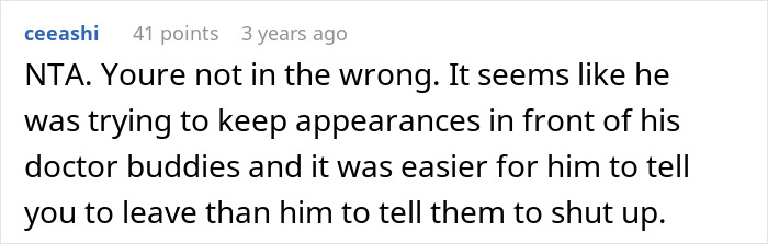 Reddit comment discussing a woman refusing to leave a party she planned after boyfriend and friends demand privacy.