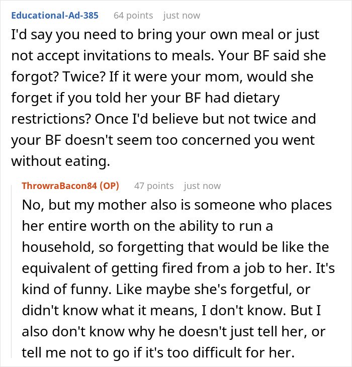 Text conversation about dealing with bacon in meals and dietary restrictions when visiting boyfriend&rsquo;s family.