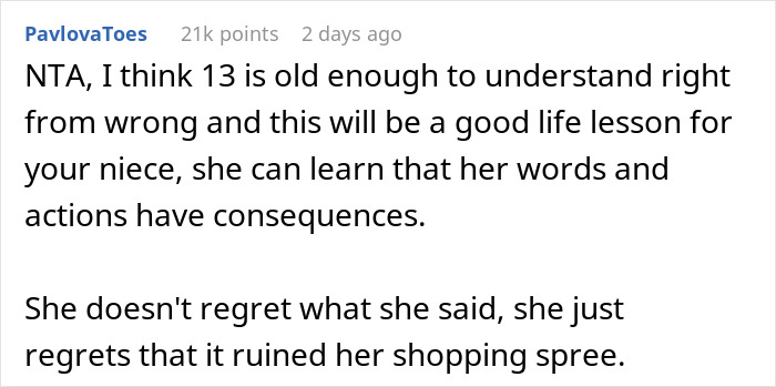 Comment discussing a teen niece calling aunt fat and ugly and facing consequences after a canceled shopping trip.
