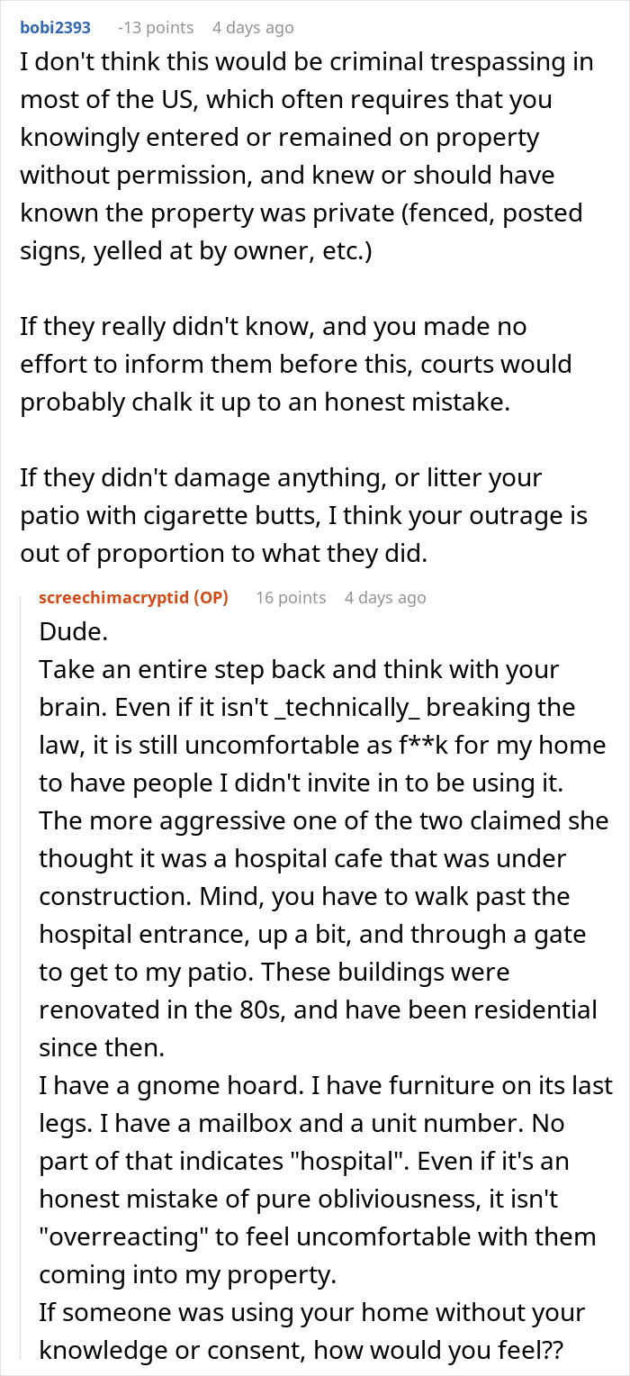 Comments discussing a person&rsquo;s frustration over strangers using their patio without permission and the feeling of discomfort from trespassing.