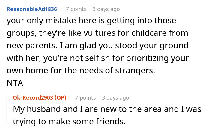 Screenshot of online discussion where a mom assumes neighbor will babysit because she&rsquo;s a SAHM and faces pushback.