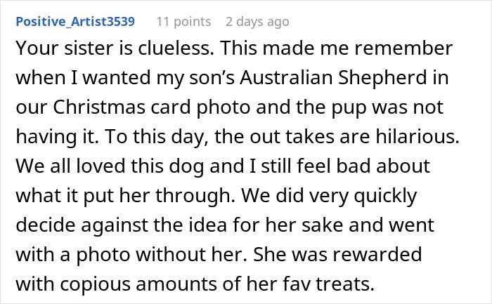 Comment text about refusing to lend a dog for a maternity shoot, discussing sister and dog behavior. Comment text about refusing to lend a dog for a maternity shoot, discussing sister and dog behavior.