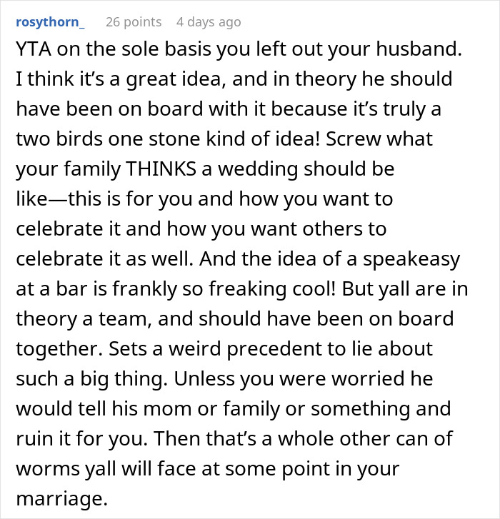 Comment discussing secretly selling alcohol at a dry wedding to cover costs and its impact on relationships and honesty.
