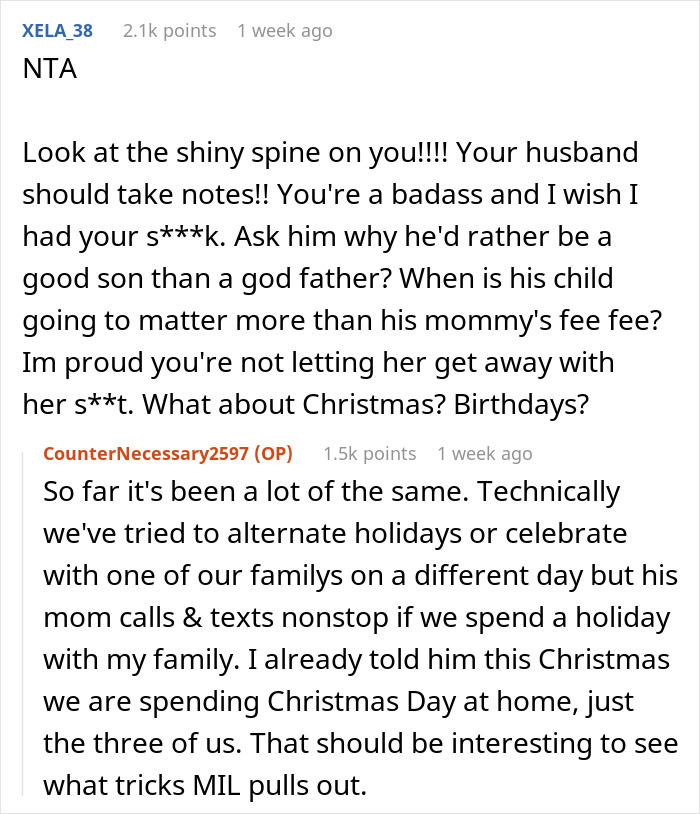 Reddit comments discussing a man skipping his wife&rsquo;s first Mother&rsquo;s Day to hang out with his mom and family conflicts.