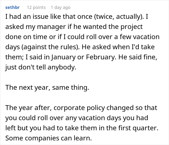 Screenshot of a Reddit comment discussing employee PTO usage and corporate vacation day policy changes.
