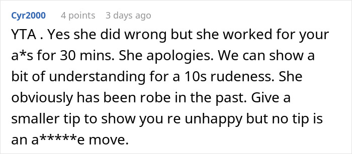 Screenshot of a Reddit comment discussing opinions on tipping etiquette and the controversy over tipping 83 cents.
