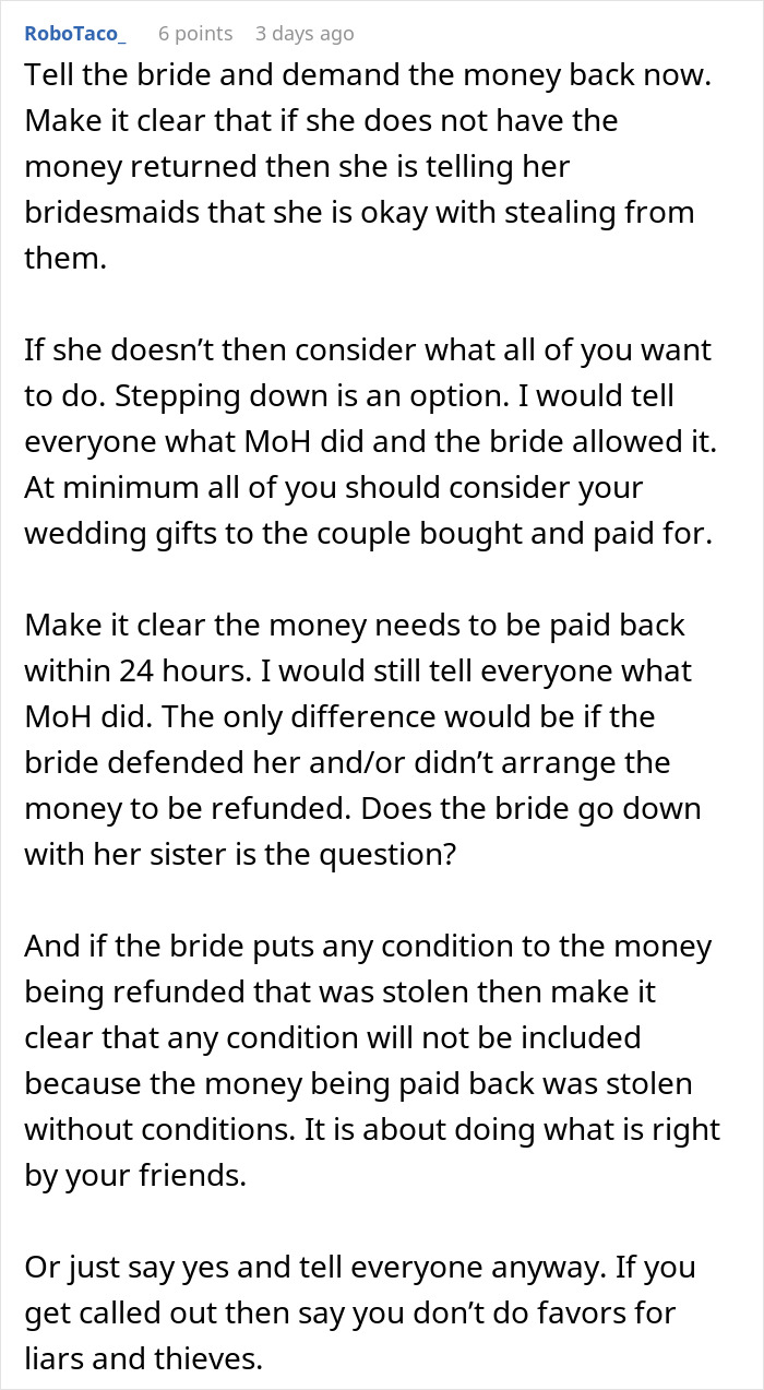 Comment advice on confronting MOH who overcharged and pocketed all the bachelorette money, urging refund and transparency.