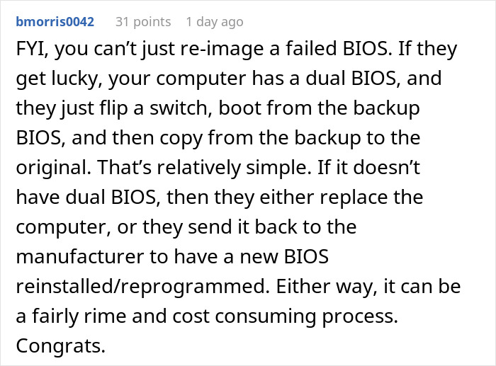 Comment explaining the challenges of fixing a sabotaged work laptop after employee frustration with special treatment. Comment explaining the challenges of fixing a sabotaged work laptop after employee frustration with special treatment.