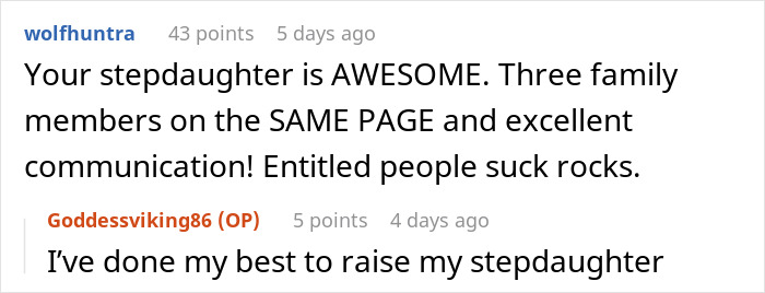 Online discussion praising a friend&rsquo;s stepdaughter for positive family communication at a pool party setting.