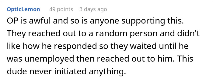 Screenshot of a Reddit comment discussing a worker ignoring career advice but becoming helpful when jobless.