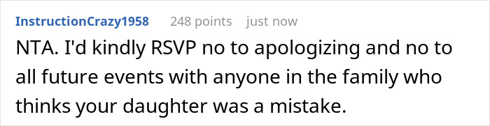Comment defending young mom at family wedding, addressing accusations about shaming the bride’s legacy and illegitimate kid. Comment defending young mom at family wedding, addressing accusations about shaming the bride’s legacy and illegitimate kid.