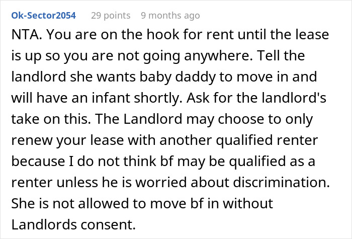 Comment explaining a woman stands her ground after roommate demands she move out for nursery space in a rental dispute. Comment explaining a woman stands her ground after roommate demands she move out for nursery space in a rental dispute.