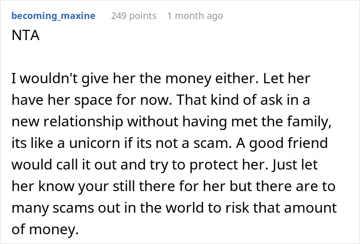 Comment warning about romance scam, advising caution and support for coworker in a new relationship. Comment warning about romance scam, advising caution and support for coworker in a new relationship.