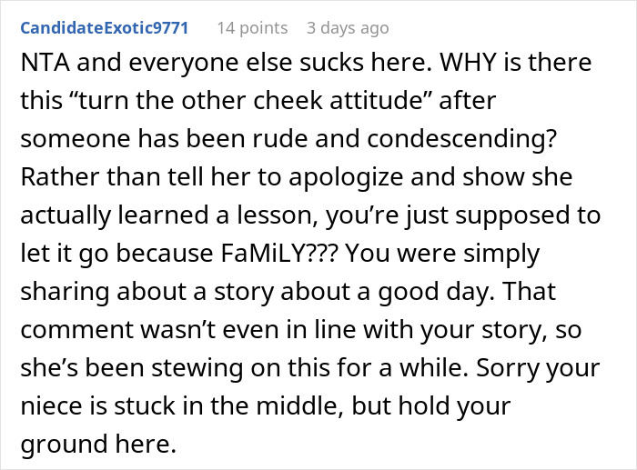 Reddit user comments on a woman refusing to babysit niece after sister-in-law’s rude behavior and family conflict. Reddit user comments on a woman refusing to babysit niece after sister-in-law’s rude behavior and family conflict.