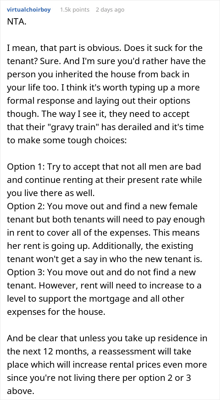 Text discussing options for tenants after a man inherits a house, addressing issues with living conditions and rental decisions.