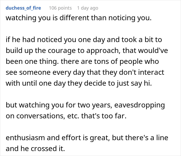 Text post discussing the difference between noticing and stalking, highlighting a boyfriend stalking before a relationship. Text post discussing the difference between noticing and stalking, highlighting a boyfriend stalking before a relationship.