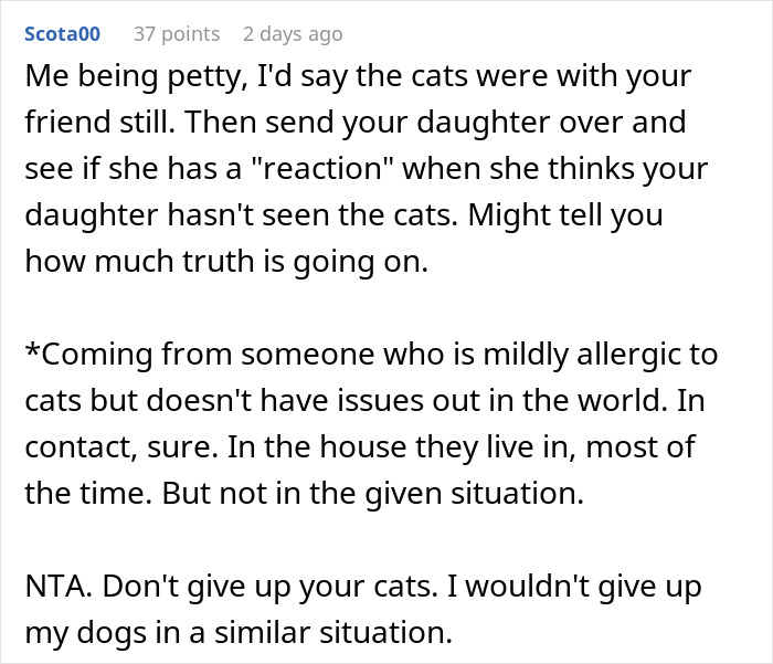 Screenshot of a forum comment discussing a man demanding ex rehomes her cats due to new wife&rsquo;s severe allergy.