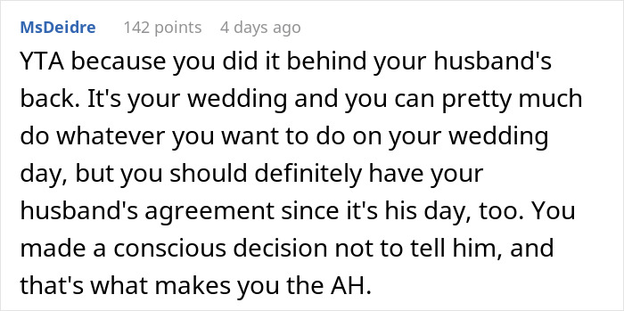 Reddit comment discussing secretly selling alcohol at a dry wedding to cover costs and marital agreement concerns.
