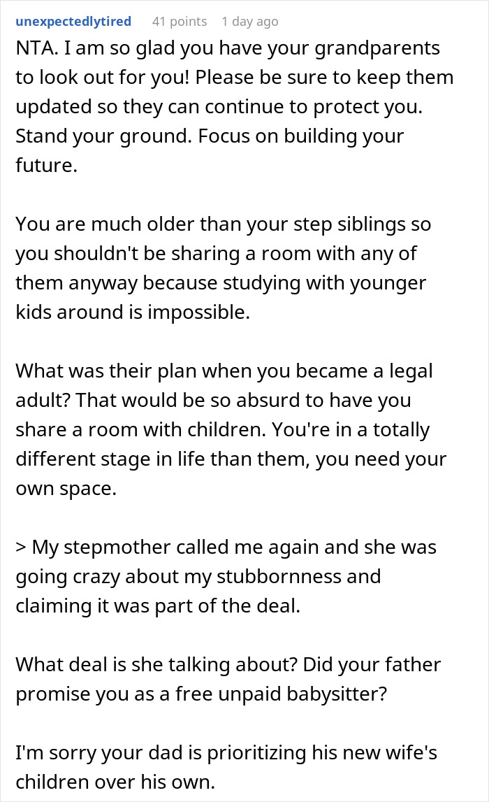 Screenshot of a reddit comment discussing a teen refusing to babysit in a blended family situation.