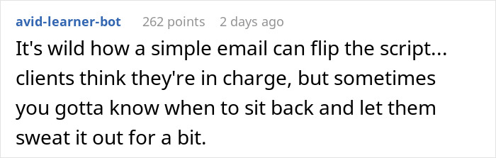 Text post about client panic and designer stopping follow-ups on approvals as per client's request in an online forum. Text post about client panic and designer stopping follow-ups on approvals as per client's request in an online forum.