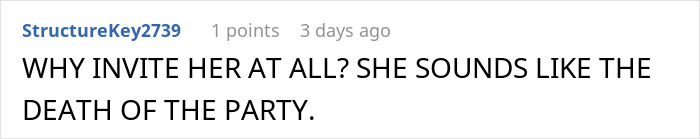 Comment in bold black text reacting negatively to a wedding guest, discussing the groom&rsquo;s mom showing up in a wedding dress and ruining the couple&rsquo;s big day.