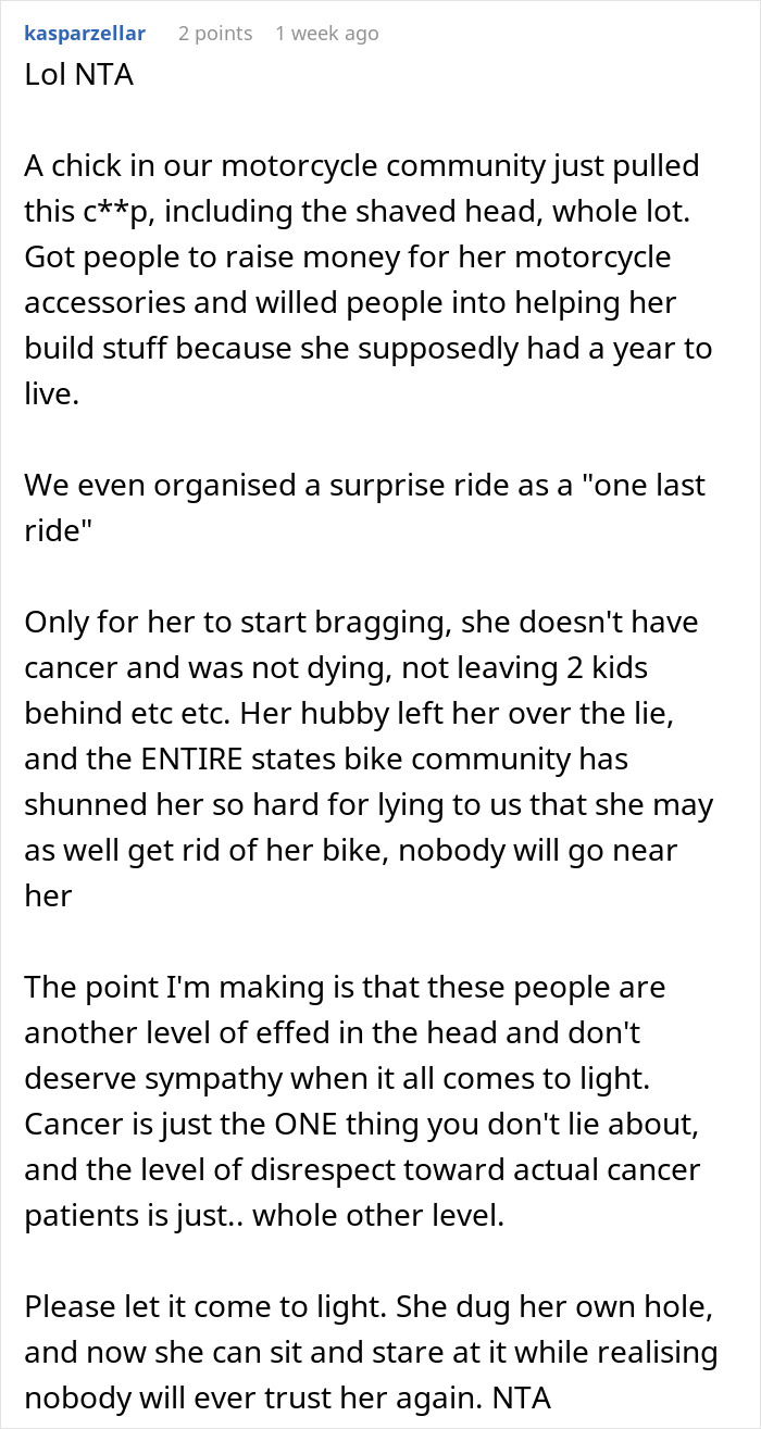 Comment discussing exposing a sister’s fake cancer and the impact on trust within a community. Comment discussing exposing a sister’s fake cancer and the impact on trust within a community.