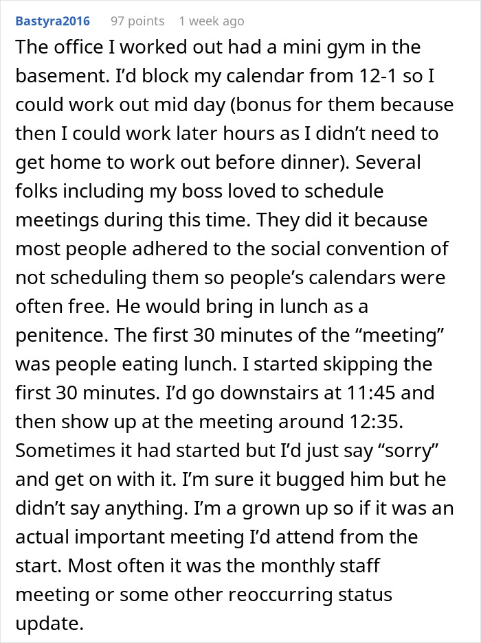 Text about a boss demanding meetings during lunch breaks causing employee frustration and regret over sacrifices made. Text about a boss demanding meetings during lunch breaks causing employee frustration and regret over sacrifices made.