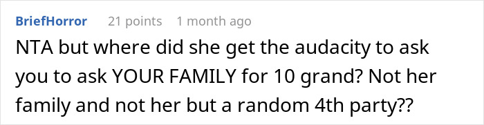 Text conversation screenshot showing a user questioning the audacity of asking a family for 10 grand in a discussion about romance scam warnings. Text conversation screenshot showing a user questioning the audacity of asking a family for 10 grand in a discussion about romance scam warnings.
