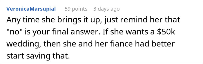 Screenshot of a comment discussing drama after bride splurges $25K savings and expects sister to fund wedding.