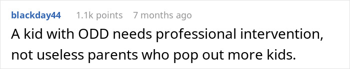 Social media comment discussing a child with ODD needing professional help, related to babysitter discrimination topic.