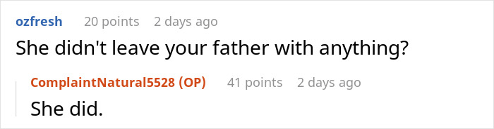 Screenshot of online conversation where woman discusses taking dad to court over $100K stolen inheritance.