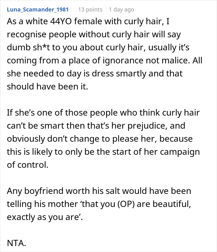 Commenter shares perspective on curly hair and being smart, supporting woman who refuses to cut hair for boyfriend&rsquo;s mom party.
