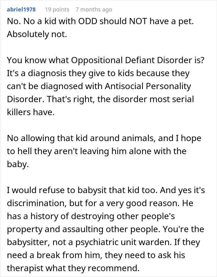 Comment discussing babysitter refuses to watch one specific child due to behavioral concerns and discrimination claims.