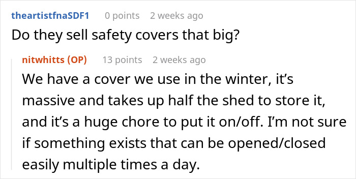 Screenshot of an online discussion about pool safety and the challenges of using large safety covers during winter months.
