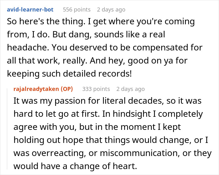 Reddit conversation discussing a non-profit employee accused of fudging hours but maintaining detailed work records.
